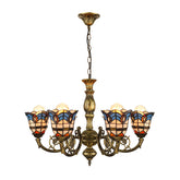 Lámpara de araña vintage estilo pavo real con vidrieras y diseño barroco de 6 luces en bronce antiguo